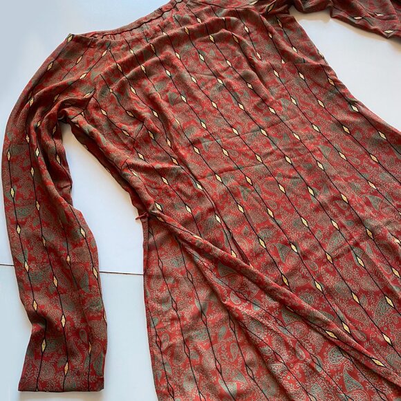 Vintage 90s Silk Maxi Dress Long Sleeve Rust Red Paisley Print Boho Retro Size S - Picture 4 of 7